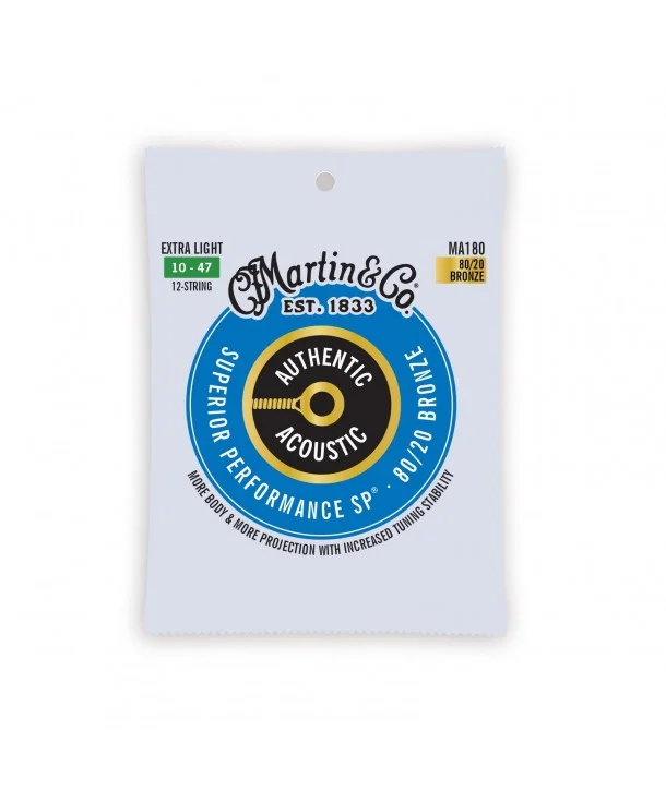 Retour Gratuit Martin MA180Jeu de 12 cordes folk Authentic SP 80/20 bronze extra-light 10-47