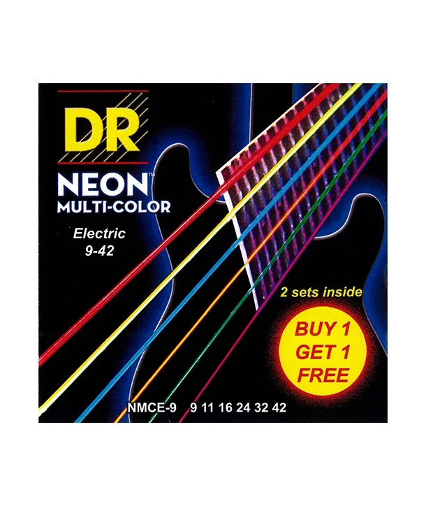 DR NMCE9PACKPack de 2 jeux de cordes électriques DR SuperStrings Neon Multicolor 9-42 Prix Réduit