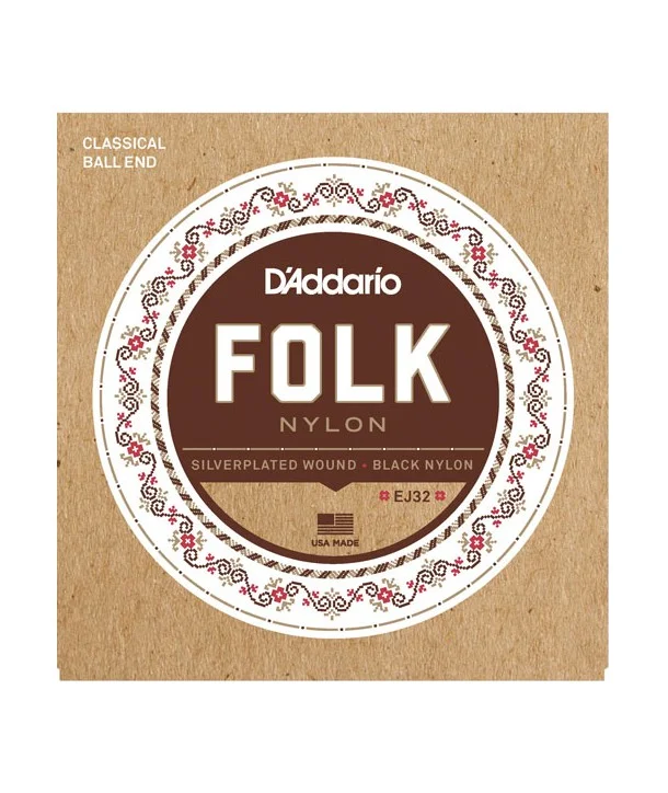 Nouvelle Collection D‘addario EJ32Jeu de cordes classiques à boules Folk Nylon noir et plaqué argent Tension normale