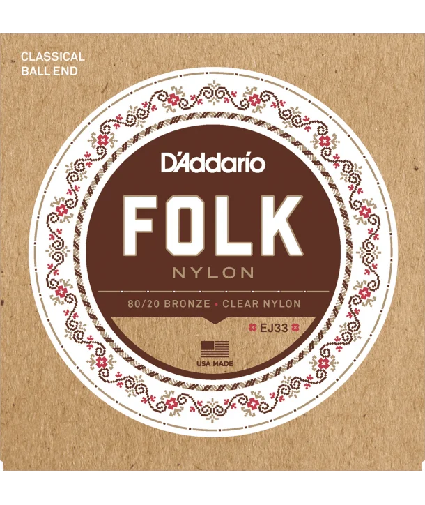 D‘addario EJ33Jeu de cordes classiques à boules Folk Nylon Clear et bronze Tension normale Dernier Modèle