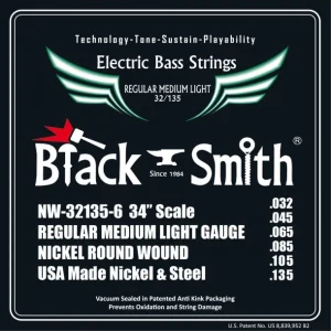 Prix Choc Black Smith NW-32135-6-34Jeu de 6 cordes Basse Filé rond Nickel Regular medium light 32-135 Long scale