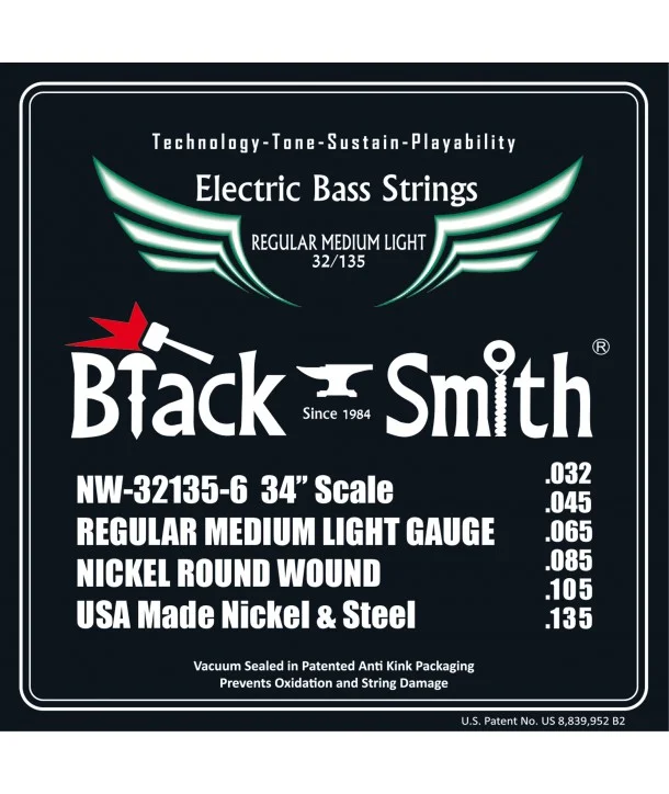 Prix Choc Black Smith NW-32135-6-34Jeu de 6 cordes Basse Filé rond Nickel Regular medium light 32-135 Long scale
