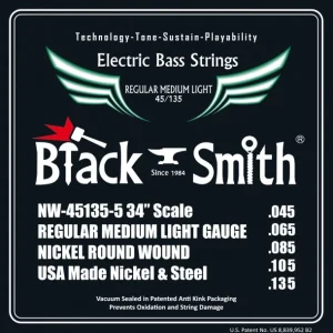 Offre Exclusive Black Smith NW-45135-5-34Jeu de 5 cordes Basse Filé rond Nickel Regular medium light 45-135 Long scale