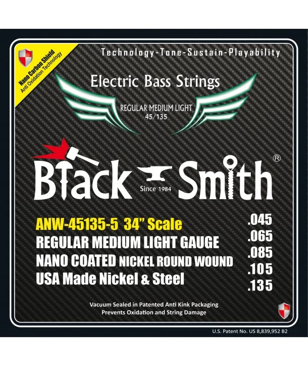 Black Smith ANW-45135-5-34Jeu de 5 cordes Basse AOT Coated Nickel Regular medium light 45-135 Long scale Expédition Rapide