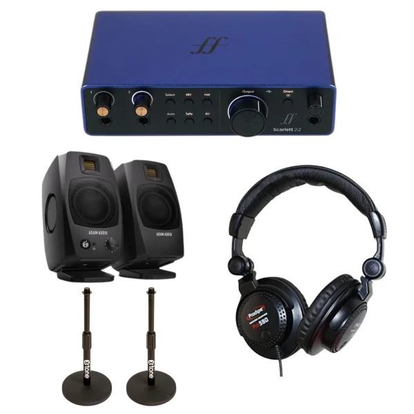 Focusrite SCARLETT 2i2 G4 AE Blue + Enceintes D3V + Casque + Pieds Must-Have