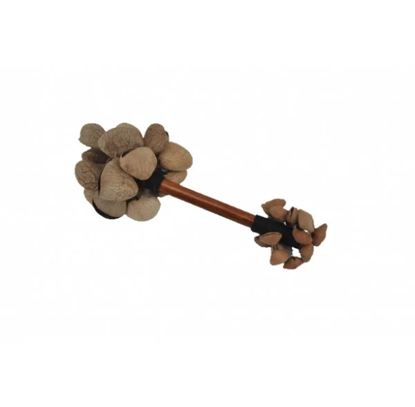 Crécelle sur manche double - graines de pangi / kenari - Roots Petit Prix